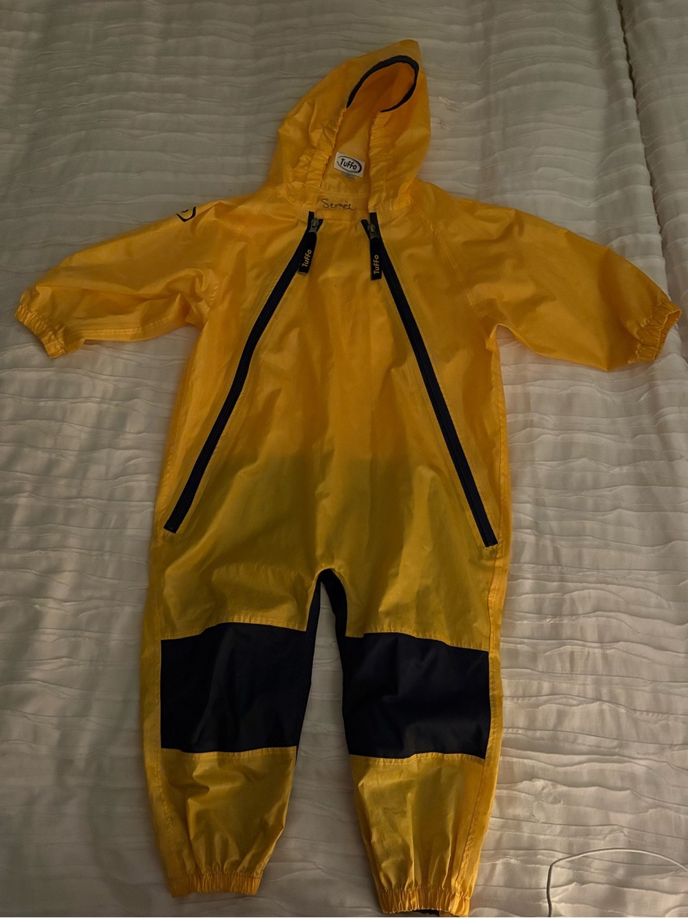 Kids Yellow Waterproof Hooded Romper with Black Knee Panels